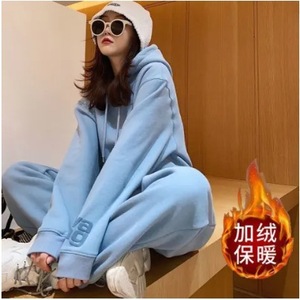 Women's Fleece Lined Tracksuit Set Sky Blue Loose Fit Casual Two Piece Autumn Winter Korean Style Sweatshirt Suit - Product Image 2