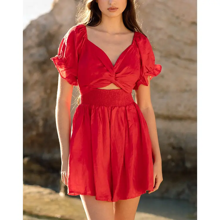 Новое поступление, 2024 для отпуска, модное летнее Мини-Платье с пышными рукавами, сексуальное красное пляжное Повседневное платье для женщин