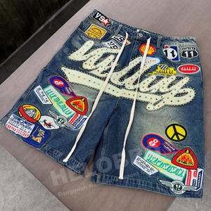 Patchwork de broderie personnalisée vieilli Vintage déchiré jambe droite hommes taille moyenne lavage foncé sueur Denim Jeans Shorts - Product Image 2