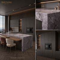 Meubles de cuisine modernes personnalisables OEM/ODM, en acier inoxydable laqué noir brillant, avec plan de travail en marbre, prêts à assembler (design plat)
