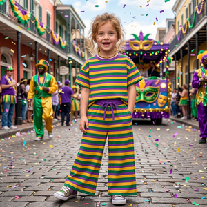 Boutique Girls Striped Print 2-Piece Set Short Sleeve Top Pants <b>Mardi</b> <b>Gras</b> Colors Casual <b>Outfit</b> Spring Clothing - Product Image 1