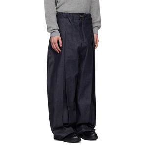 New Popular Men's Custom <b>Fold</b> Design Non-stretch Brown Stitching Indigo Raw Denim Baggy Jeans - Product Image 3