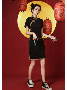 Nuevo verano cheongsam <span class=keywords><strong>ropa</strong></span> <span class=keywords><strong>tradicional</strong></span> <span class=keywords><strong>china</strong></span> Vestido corto de color negro elegante mujeres niñas vestidos negros fábrica para mujeres - Product Image 6