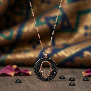 Noir Zircon Pierre Arrondi Hamsa Charme Collier Pendentif Turc À La Main En Gros 925 Bijoux En Argent Sterling - Product Image 3
