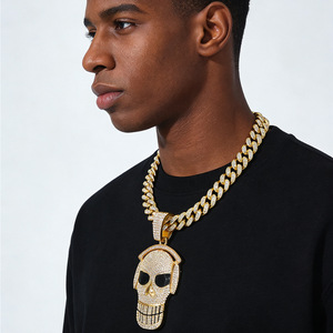 Collier Pendentif Crâne Hip Hop Plaqué Or et Argent, Sertie de Diamants, Chaîne Cubaine pour Homme, Écoutez de la Musique - Product Image 2
