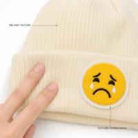Crying Face Patch Rib-Knit Cuffed Beanie Ivory White Casual Street Hat