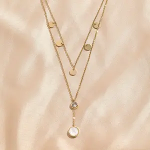 2401 zhongqi fashion double round brand necklace female niche high-grade sense pendant titanium steel collarbone chain stainles
