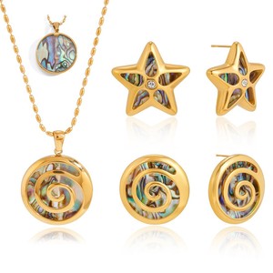 Women's Fashion Jewelry Set Stainless Steel <b>Shell</b> Inlay Star And Spiral Pendant Necklace Earrings 18k Gold Plated Beach Style - Product Image 5