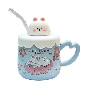 Mug en céramique avec couvercle et paille, motif lapin mignon et design de dessin animé attrayant, pour filles, usage domestique et professionnel, idéal comme cadeau souvenir d'anniversaire - Product Image 5