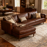Sofa Seksional Bentuk L Dua Dudukan Gaya Midcentury Modern, Kain Beludru, Kaki Kayu, Furnitur Ruang Tamu Elegan