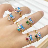 RM1706 Chic Vintage Bague ouverte ajustable en émail cloisonné chinois plaqué or 18 carats avec motif de dessin animé Stitch pour femmes