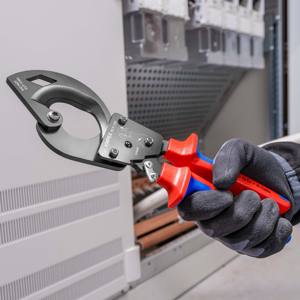 Tijeras de trinquete Knipex 93 12 250 de acero inoxidable para corte de cobre de 6-10 mm, con empuñadura tipo pistola, neumáticas, rectas - Product Image 1