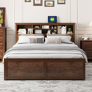 Cama de almacenamiento de madera oscura con estante en la cabecera y cajones debajo de la cama para uso en el dormitorio - Product Image 2