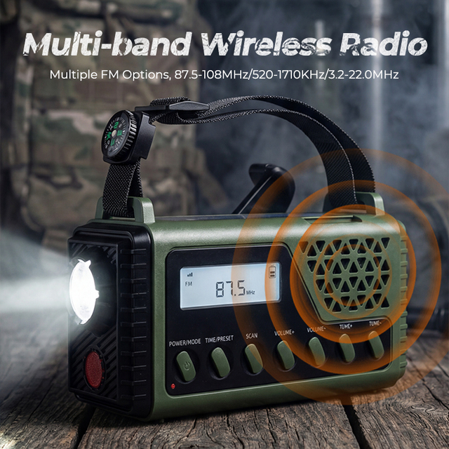 1199, Hand Cranked Power Radio, Solar Charging,FM AM SW Radio NOAA Weather with Flashlight, Cell Phone Charger, SOS Alarm