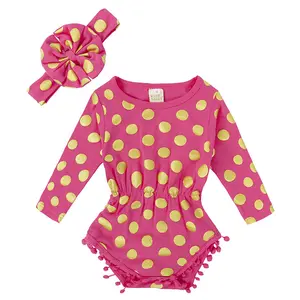 Girl 6 Colors Gold Polk Dots Sequin Cotton Romper Pompom Baby Rompers And Headband Set