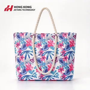 Bolsa de Playa de Lona con Estampado Floral Tropical para Mujer, Gran Capacidad, Asa de Cuerda, Bolsa de Mano para Vacaciones de Verano, Logotipo Personalizado, Bolsa de Hombro - Product Image 1