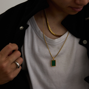 Perhiasan Pria 18k liontin Malachite hijau kotak baja tahan karat emas kalung pria - Product Image 2