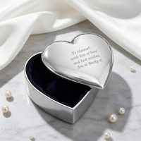 Boîte à bijoux en alliage d'argent gravée sur mesure, finition argent poli, doublure en velours bleu foncé - Luxe personnalisé pour mariage
