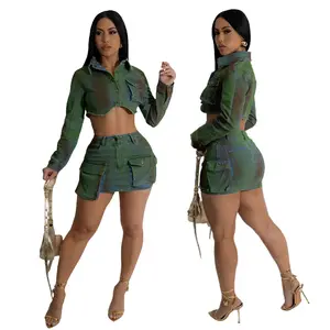 2024 Women Sexy Streetwear Denim Set with Cargo Skirts Green Denim Set Women Two Piece