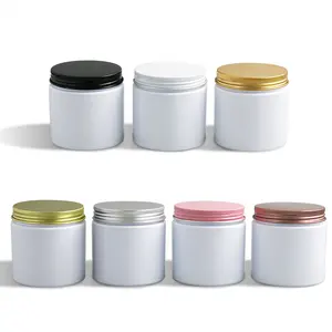 Wholesale Luxury 200g White Plastic Cosmetic Cream Jar 200ml Plastic Pot with Multi Colored Fancy Aluminum Cap Lid