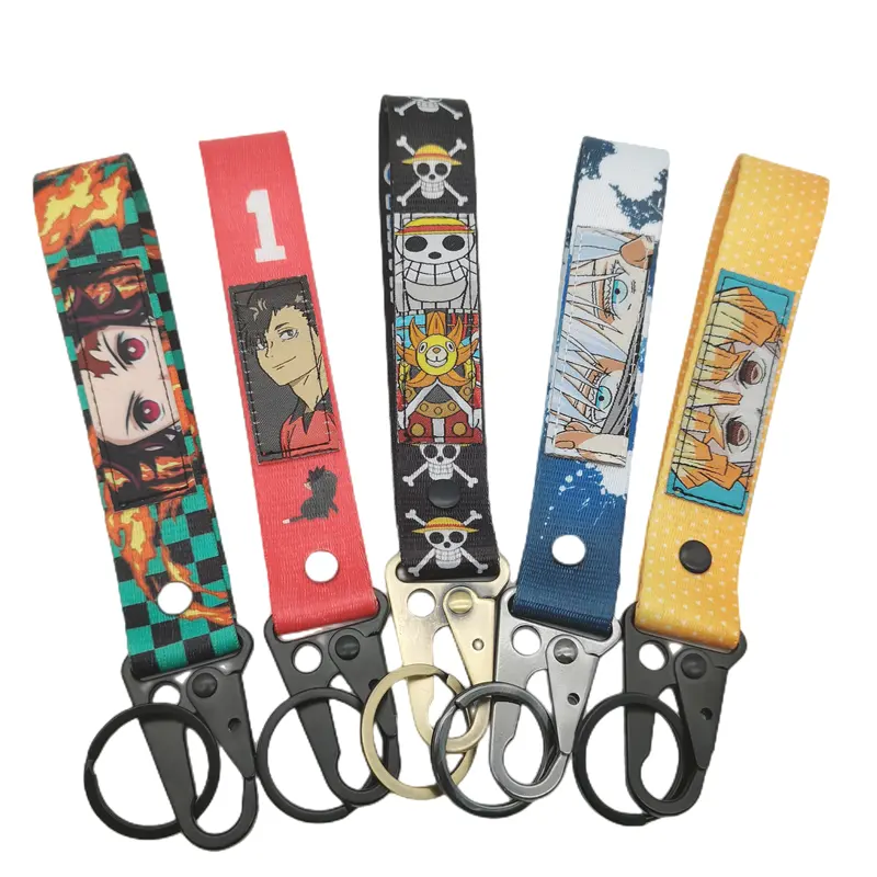 Colorful Woven Patches Sublimation Webbing Carabiner Anime Key Chain Key Strap Anime Carabiner Lanyard Keyring Keychains