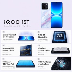 สมาร์ทโฟน VIVO IQOO 15T รุ่นดั้งเดิม พร้อมหน้าจอ 2K Everest, ชิป E-sports Q3, Dimensity 9500 Monster, แบตเตอรี่ 8000mAh, กล้อง 200MP - Product Image 2
