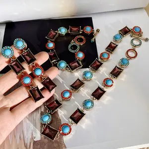 2023 New Arrival Fashion Jewelry Medieval Vintage Turquoise Necklace Bracelet Women's Retro Exaggerated Necklace Set Earrings