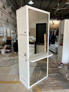 Hair Salon Styling Station Barber Mirror Cabinet with Lockable Storage Cabinets &amp; Side <strong>Tray</strong> Salon Furniture for Barbershop - Product Image 4