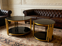 Meubles de salon de luxe, table basse miroir, table basse intelligente en verre noir avec cadre en acier inoxydable