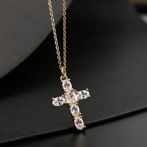 Luxury Rhinestones Crucifix Brass Necklace Simple Crystal Gold Plated Zircon Cross Pendant Clavicle Chain For Women