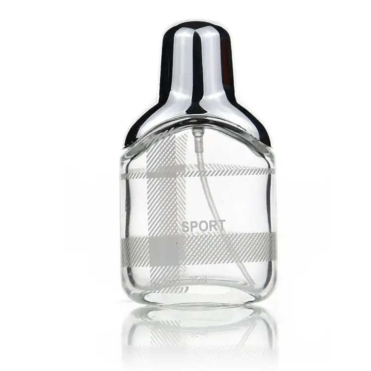 新しいデザイン35mlベビーガラス瓶形状ストリップパターン詰め替え可能空香水ガラス瓶噴霧器付き