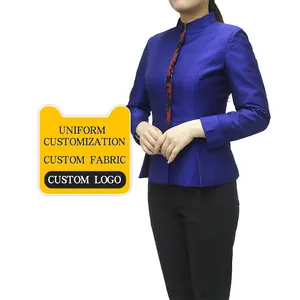 Desain gratis kualitas tinggi seragam Hotel biru untuk wanita gaya Cina kemeja kustomisasi canggih grosir