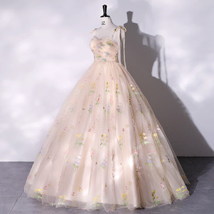 Champagne Strapless Ball Gown Embroidered Organza Floral Print Empire Waistline Evening Dress For Banquet Hostess Party - Product Image 2