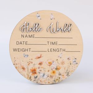 Panneau d'annonce de naissance « Hello World » Papillon, accessoire photo nouveau-né motif fleurs sauvages, disque de révélation du nom en bois de 15 cm et cadeau de naissance - Product Image 3