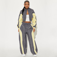 Ensemble de survêtement 2 pièces en nylon pour femme, style automne, avec veste à col montant à volants et blocs de couleur, manches longues, bordure passepoilée vintage + pantalon large