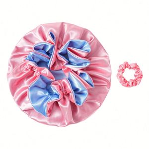 Bonnet de nuit en satin personnalisé, grande taille, réutilisable, double couche, avec cordon de serrage, pour la douche et le sommeil - Product Image 1