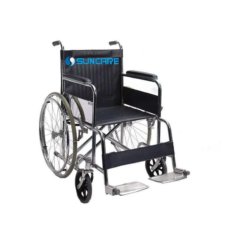 בית חולים מסגרת פלדת כרום מצופה קבוע משענת/הדום PVC עור כפול צלב בר מדריך מתקפל כיסא גלגלים