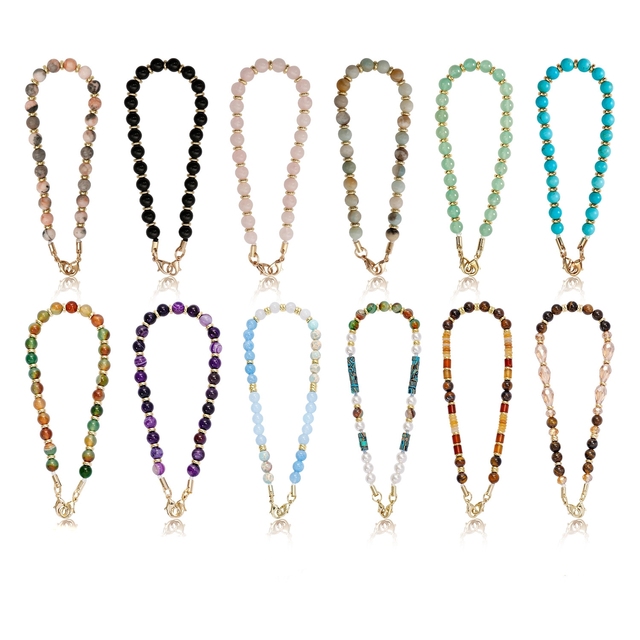 Handmade Natural Amazonite Rose Quartz Stone Beads Phone Charm Cell Phone Case Lanyard Wrist Strap Gemstone Beaded Chain String