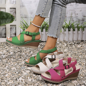 Women Summer European and American Style Wedge Sandals Hollow Thick Sole Platform Cross Strap Roman Sandals - Product Image 1