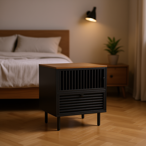 Mesita de Noche Moderna de Mediados de Siglo, Negra y Marrón, con Tapa de Madera MDF, Puerta con Rejilla y Cajón con Listones, Mueble de Dormitorio D0100HADRY7 - Product Image 2