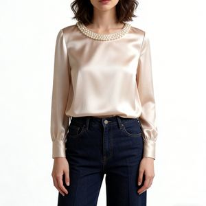 Women's Pearl Beaded Neck Satin Blouse - Long Sleeve Crew Neck Casual <b>Top</b> Shirt Fashion - Product Image 1