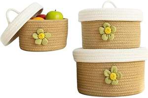 Panier de rangement portable en corde de coton écologique et moderne avec couvercle, organisateur tressé décoratif pour vêtements et livres, idéal pour le salon - Product Image 3