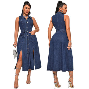 218777 #   <span class=keywords><strong>Site</strong></span> web indépendant <span class=keywords><strong>de</strong></span> vêtements pour femmes : Nouvelle robe en jean sans manches, fendue, cintrée à la taille, vente directe - Product Image 1