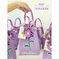 Tas Tote Rajut Poliester Ungu Bertema Bunga untuk Hadiah Hari Guru Musim Panas, Warna Kontras, Penutup Kancing Magnetik, Sempurna untuk Pengacara
