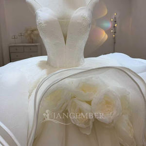 For JJ118 Classic Modern Ball Gown Long O-<b>Neck</b> <b>Wedding</b> <b>Dress</b> with <b>Lace</b> Crystal Appliques 3D Flower - Product Image 4