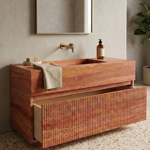Custom Size Commercial Red Travertine Bathroom <strong>Vanity</strong> Sink Durable Stone <strong>Vanity</strong> <strong>Unit</strong> for Hotel Resort Projects - Product Image 2