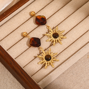 Boucles d'oreilles pendantes œil <span class=keywords><strong>de</strong></span> tigre effet soleil pour femme, en acier inoxydable plaqué or 18 carats, perles ambre facettées, bijoux vintage, cadeau, vente en gros - Product Image 5