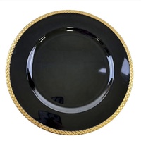Assiettes de service rondes décoratives en plastique, assiettes de présentation en acrylique noir avec bord doré