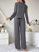 Ensemble de pyjama pour femme gris foncé avec bordure blanche, hauts à manches longues boutonnés et pantalon, vêtements de détente décontractés, 2 pièces