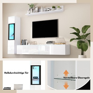 Juego de Muebles de TV Flotantes Modernos de 3 Piezas, Color <span class=keywords><strong>Blanco</strong></span> Brillante de Lujo, con Gabinete con Pantalla LED y Estante de Pared para Sala de Estar, MOQ 100 - Product Image 3